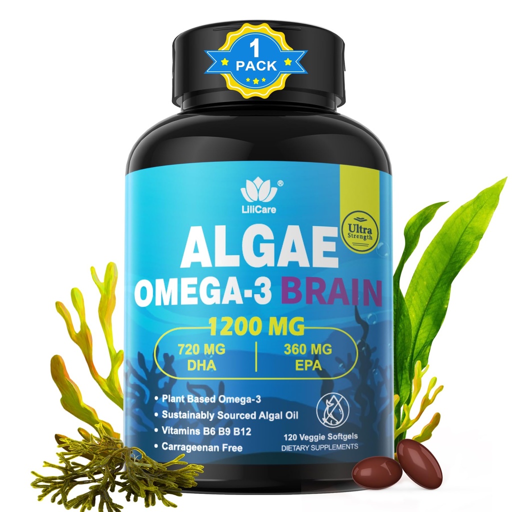 Vegan Omega 3 Supplement, Plant-Based Omega 3 DHA EPA w/Methylated B12, B6, B9, Vitamin E, Bacopa Monnieri, Ginkgo Biloba, 120cts Algae Oil Omega-3 Supplement for Brain, No Fish Taste, Non GMO, 1Pack