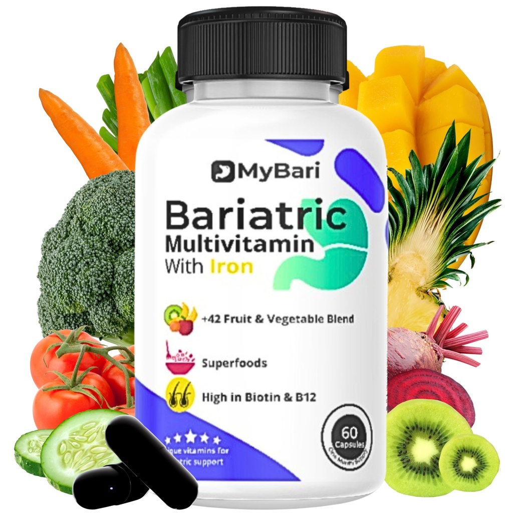 Multivitamine bariatrique tout-en-un avec fer - Fabriqué aux États-Unis - pour hommes et femmes - Supports Manches gastriques & Bypass avec 42 + Mélange de fruits et légumes - 60 Capsules liquides