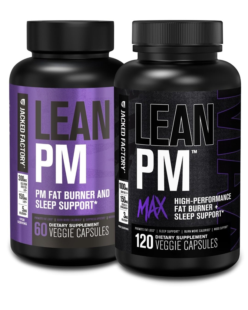 L'usine Jacked Lean PM & Lean PM Max Night Time Fat Burner, Supplément d'aide au sommeil, et Suppresseur d'appétit pour les hommes et les femmes (180 capsules)