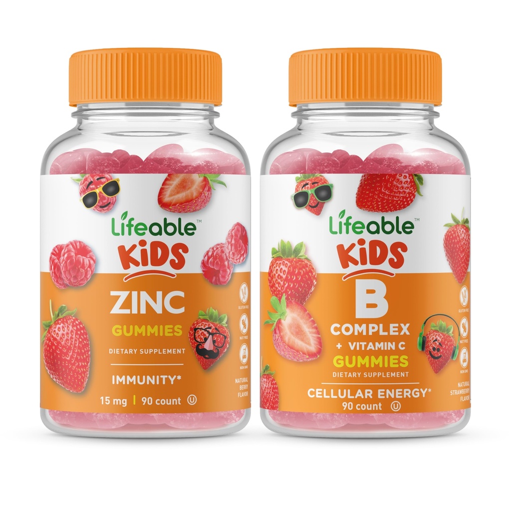 Zinc Lifeable Kids + B Complex Kids, Gommies Bundle - Grande dégustation, supplément de vitamine, sans gluten, sans OGM, gommy à croquer