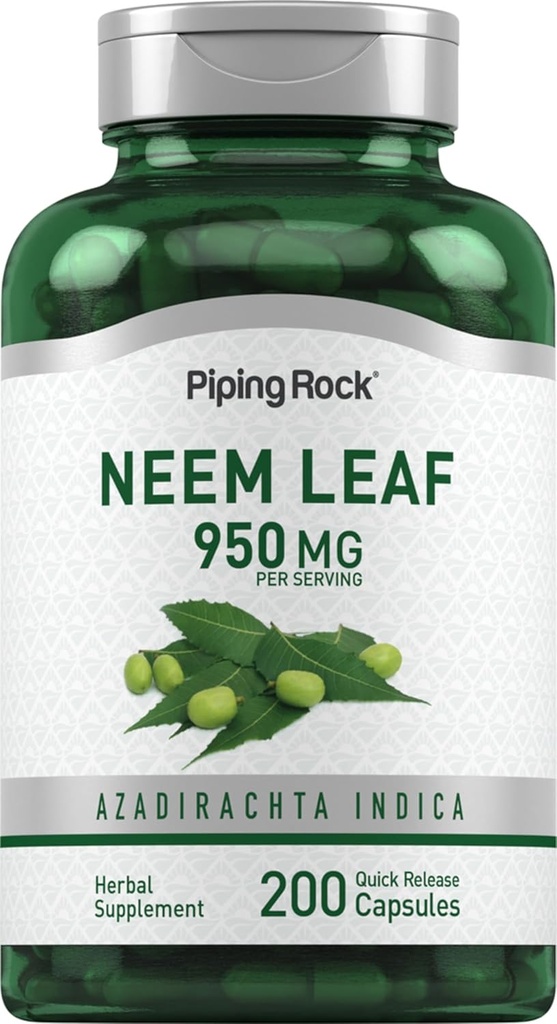 Pipping Rock Neem Leaf Capsules (en anglais seulement) 950mg (en anglais seulement) 200 Pilules de poudre Supplément d'extrait d'herbe Azadirachta Indica (en anglais seulement) Non-OGM, sans gluten