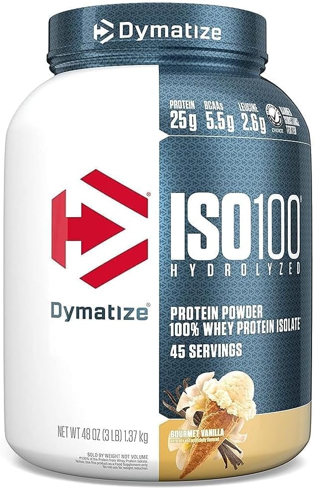 Dymatiser la poudre de protéines de lactosérum ISO100 isolat, vanille, 25g de protéines, 3 livres, 5,5g BCAA, moins de 120cal., sans gluten, 1g de gras, 1g de sucre, 2g de glucides (45 portions)