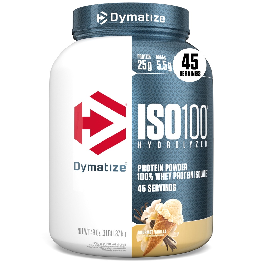 Dymatize Nutrition ISO 100 3 lbs Whey Protein Powder with Hydrolyzed 100% Whey Protein Isolate, Gluten Free, Fast Digestion, Vanilla, 1.4 Kg