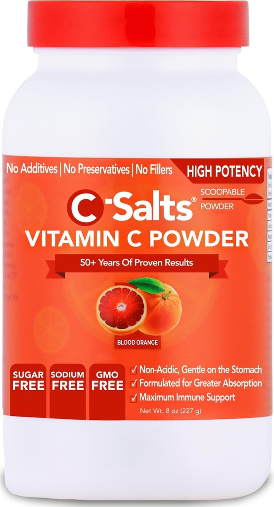 C-Salts Vitamine C Supplément en poudre - 100% pure haute dose de vitamine C tamponnée poudre pour le soutien immunitaire - biologique, sans sucre, végétalien, non-OGM, ventre ami, orange de sang 8oz
