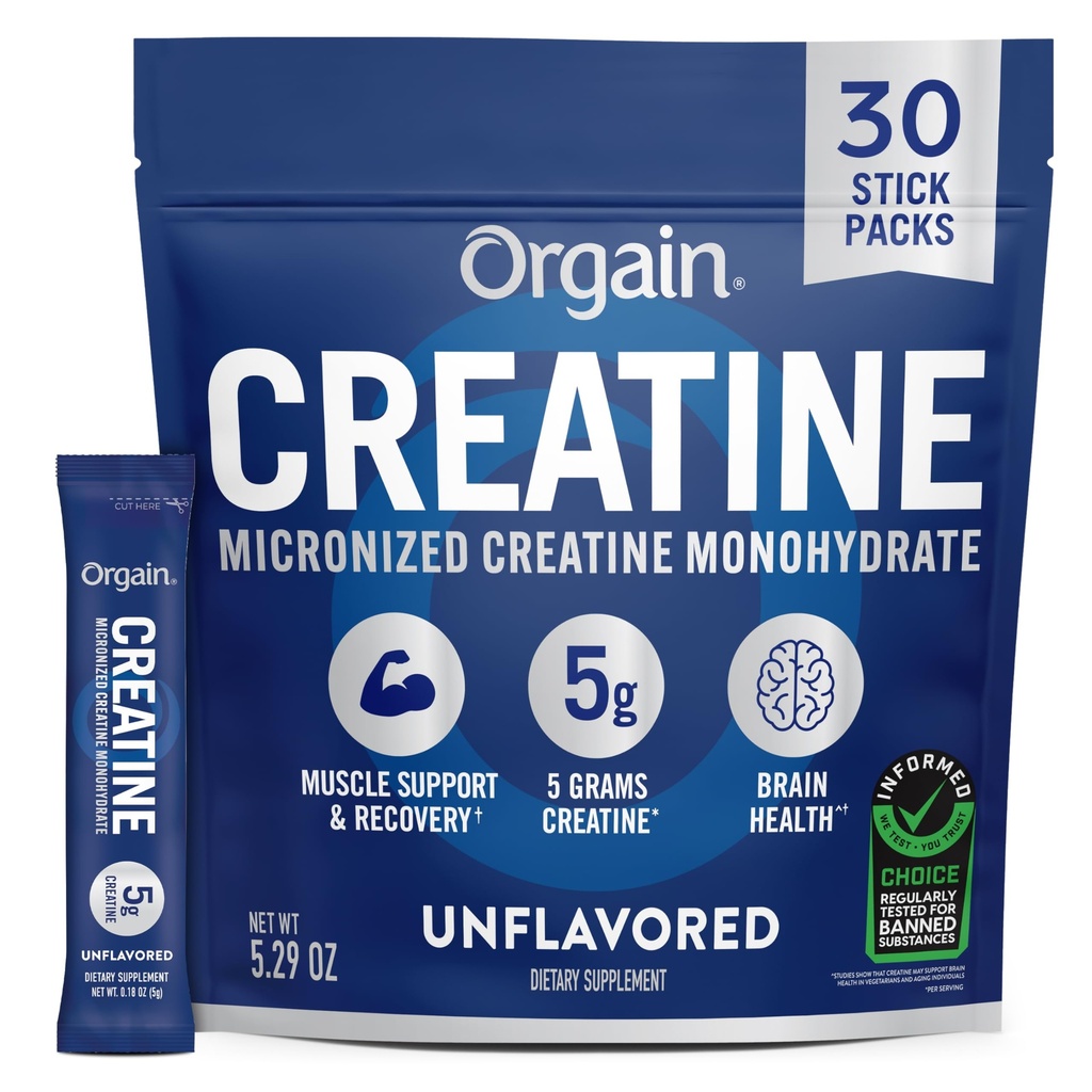 Orgain Creatine Stick Packs, 5g Micronized Creatine Monohydrate Powder, Supports Muscle Growth, Post Workout Recovery & Brain Health, Unflavored, No Artificial Additives, Non-GMO, 30 Servings, 5.29oz