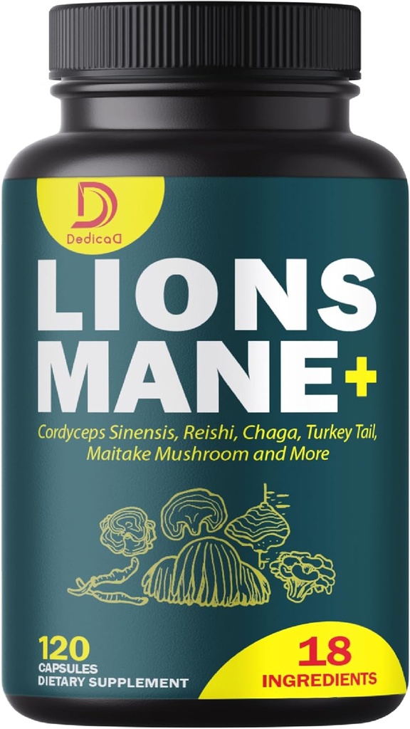 Complexe de complément de champignons 18in1 - avec la Mane de Lion, Cordyceps Sinensis, Reishi Mushroom - Supplément de cerveau de soutien pour l'énergie, la mémoire et le système immunitaire - 120 capsules
