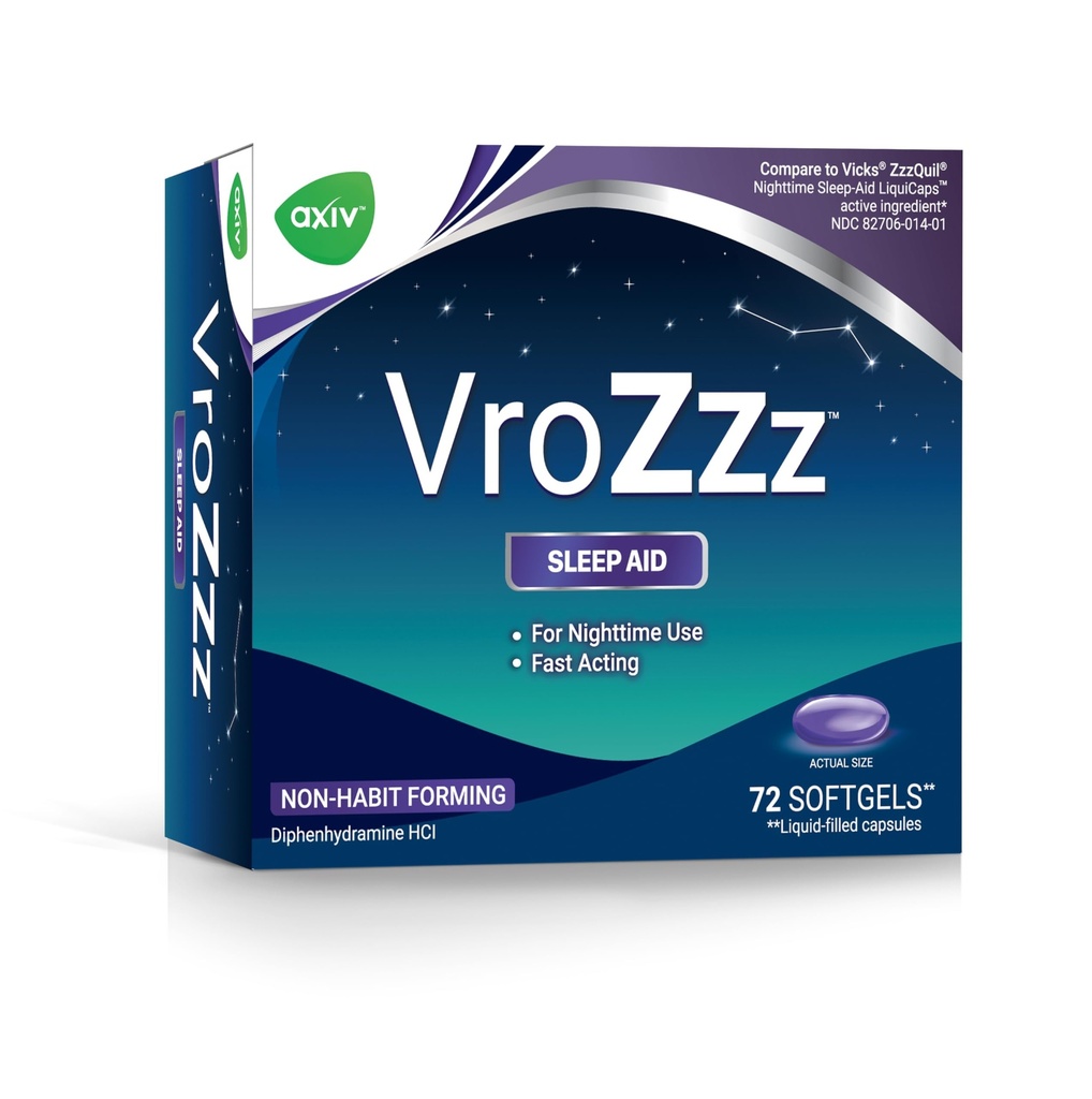 AXIV VrozZZ Nighttime Sleep Aid Softgels, Diphenhydramine HCl 25mg, Non-Habit Forming, Liquid-Filled Capsules, 72 Count