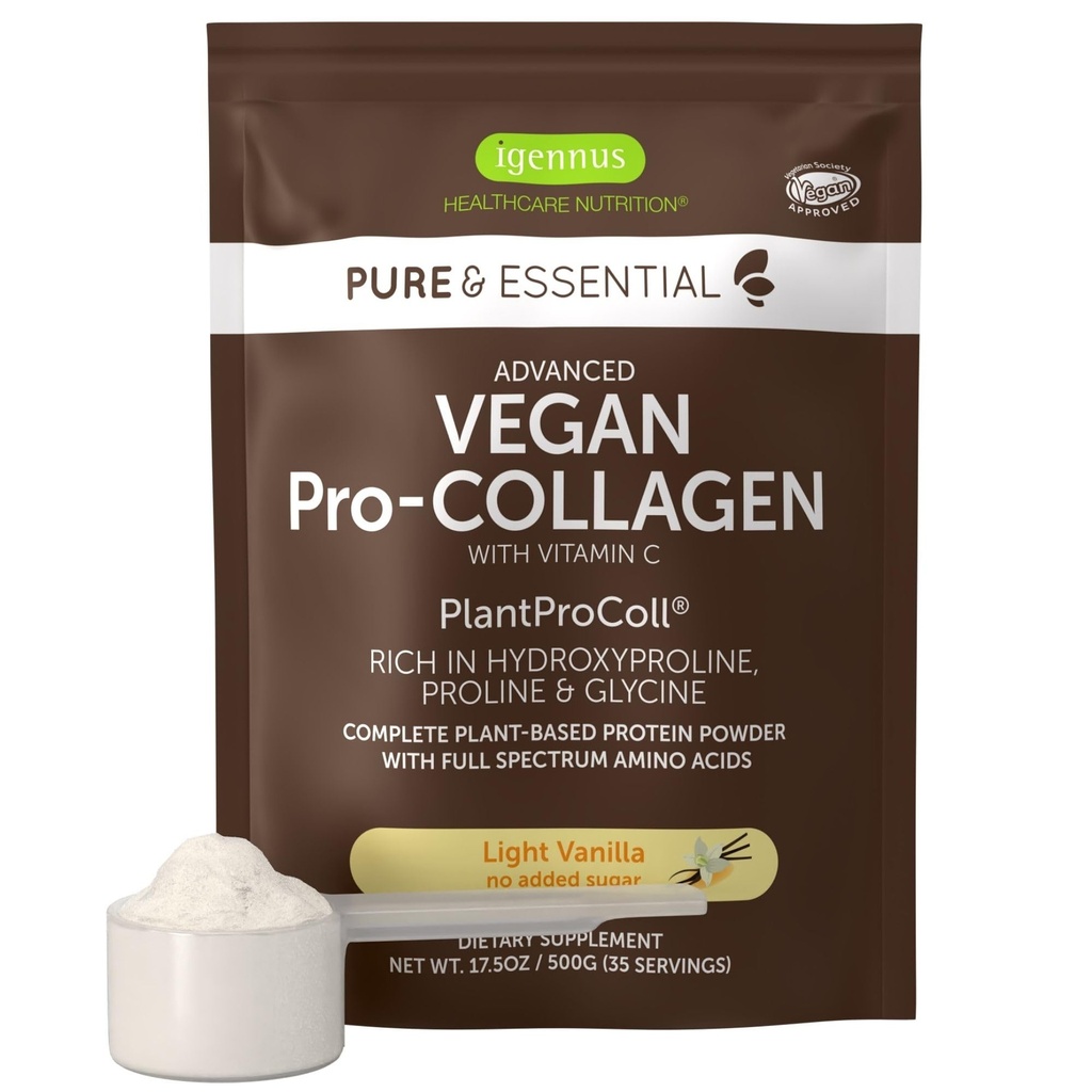 Poudre de Peptide de Collagène Végétalien avancé Igennus, enrichi avec Glycine, Proline et Hydroxyproline et Cofactor Vitamine C, non OGM, Végétarien à base de collagène, 35 portions