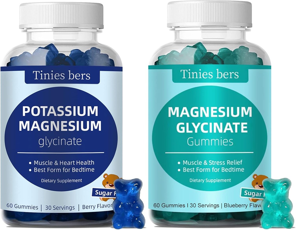 Gommies de potassium et Glycinate de magnésium Gommies 500mg sans sucre pour les adultes et les enfants, végétalien, pectine, non-OGM, sans gluten