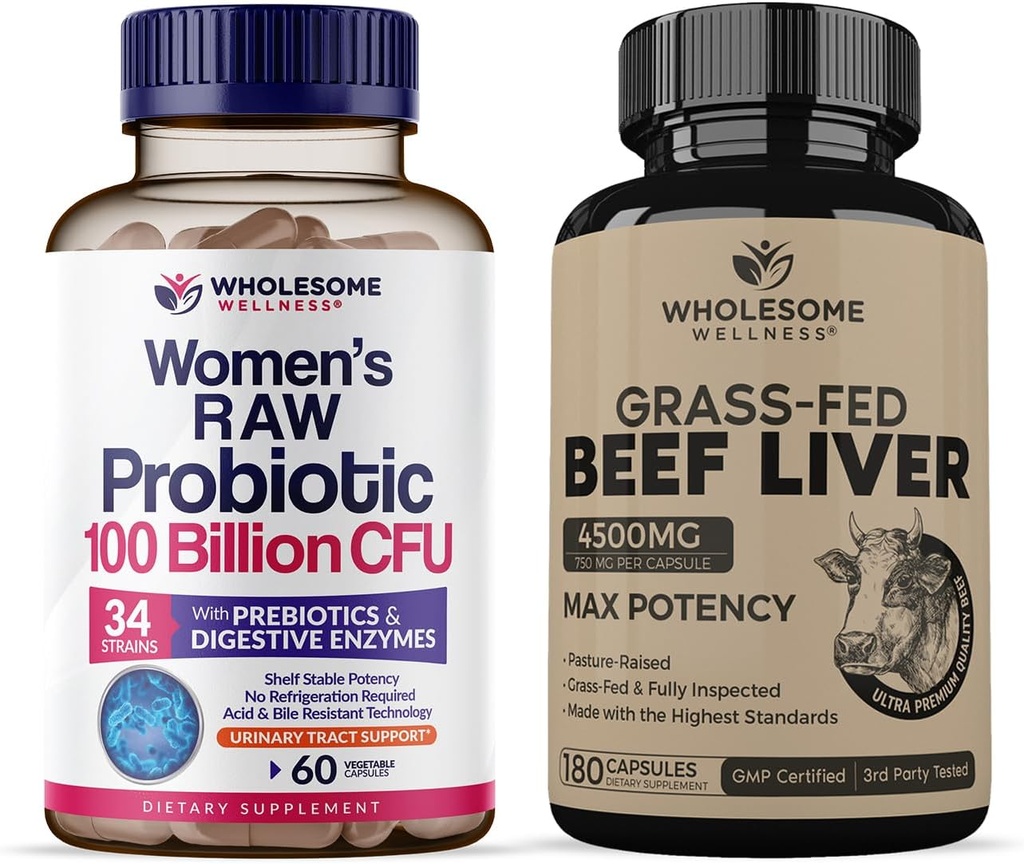 Probiotiques de bien-être sain pour les femmes 100 milliards d'UCF avec prébiotiques, enzymes digestives + capsules de foie de boeuf déshydraté de la Fed d'herbe