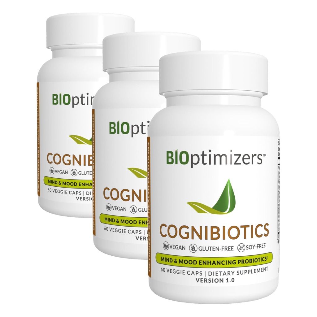 BIOptimizers Cognibiotics Probiotic Brain Supplement - Helps Support Mood, Better Focus, Memory, Mental Clarity - 60 Capsules (Pack of 3)