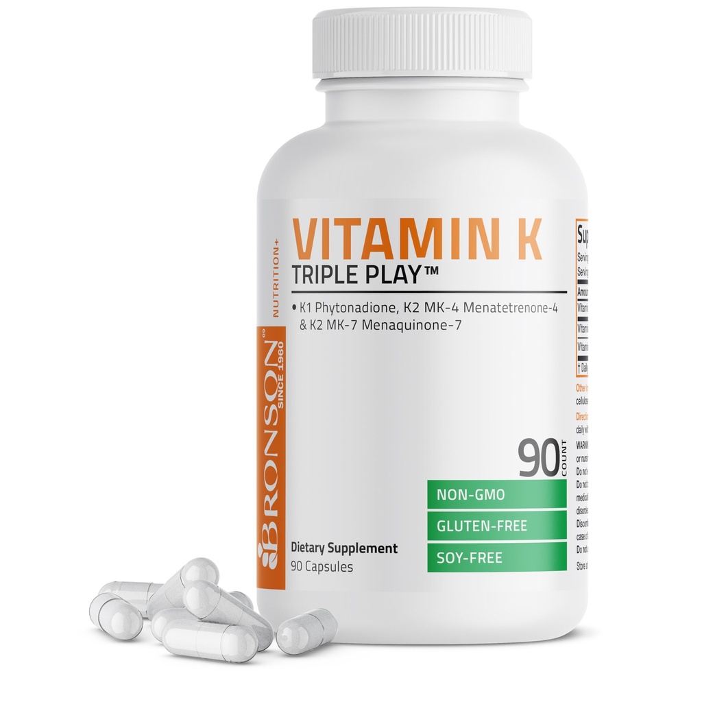 Bronson Vitamine K Triple Play (Vitamine K2 MK7 / Vitamine K2 MK4 / Vitamine K1) Supplément complexe de vitamine K, 90 capsules
