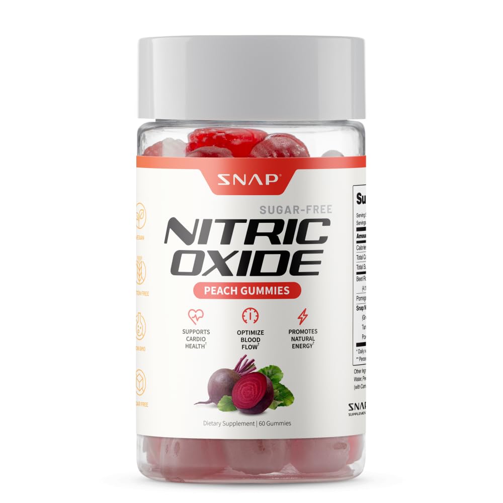 Snap Suppléments Gommies de racines de betteraves, Supplément d'oxyde nitrique avec betteraves biologiques, vitamines, grenade et antioxydants pour l'énergie, support de circulation, 60 Gommies sans sucre, pêche