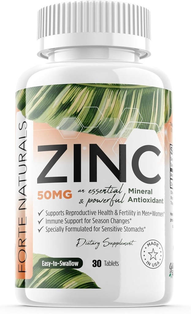 Zinc 50mg, (30 comprimés), spécialement formulé pour l'estomac sensible, le soutien immunitaire, la peau et les cheveux, supplément de zinc végétalien, non-OGM fabriqué aux États-Unis