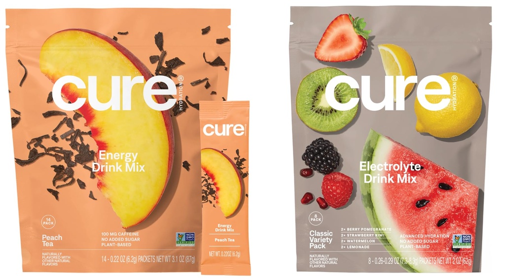 Cure Hydration | Plant-Based Electrolyte Drink Mix | Energy & Dehydration Bundle | No Sugar | Coconut Water |100mg Caffeine | Non-GMO | Vegan | 14-Pack Peach Tea & 8-Pack Variety
