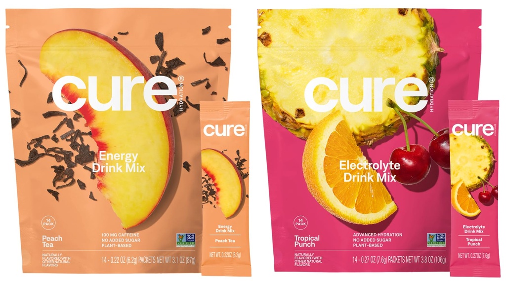 Cure Hydration | Plant-Based Electrolyte Drink Mix | Energy & Dehydration Bundle | No Sugar | Coconut Water |100mg Caffeine | Non-GMO | Vegan | 14-Pack Each: Peach Tea & Tropical Punch