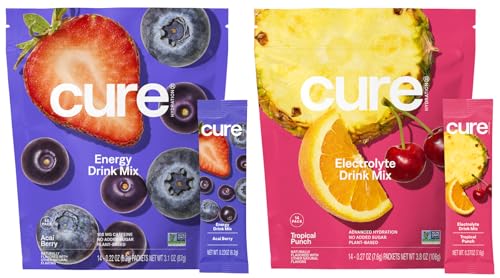Cure Hydration | Plant-Based Electrolyte Drink Mix | Energy & Dehydration Bundle | No Sugar | Coconut Water |100mg Caffeine | Non-GMO | Vegan | 14-Pack Each: Acai Berry & Tropical Punch