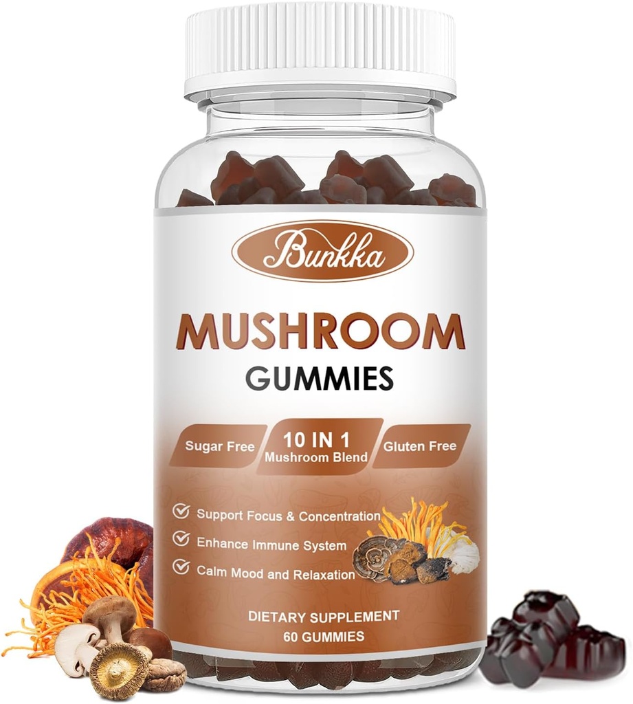 Gommies de champignons biologiques 10 Blend - Complexe de champignons - Soutien immunitaire, Énergie - Supplément de champignons pour les hommes et les femmes, 60 Gommies