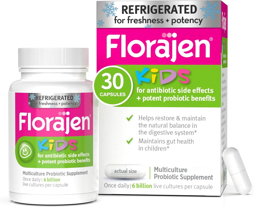 Probiotiques pour enfants de Florajen, supplément de soutien pour la santé quotidienne et immunitaire, soulagement de la constipation et du gonflement, 30 capsules (réfrigérées)