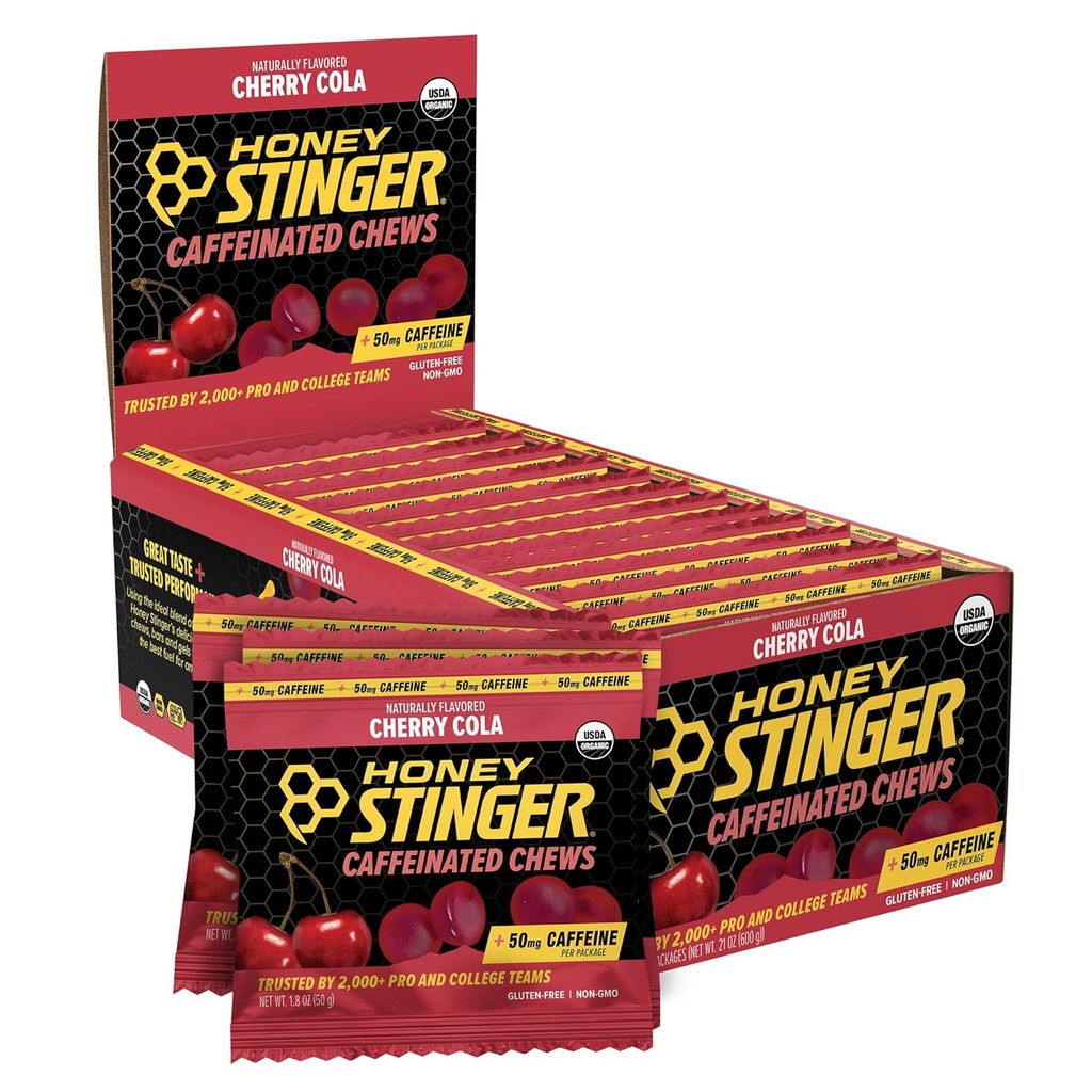 Honey Stinger Cerise Cola Coffeinated Energy Chew, sans gluten, avec caféine, pour l'exercice, la course et la performance, la nutrition sportive pour la maison et le gym, la pré et la mi-entraînement, 12 Pack, 23.2 Ounce