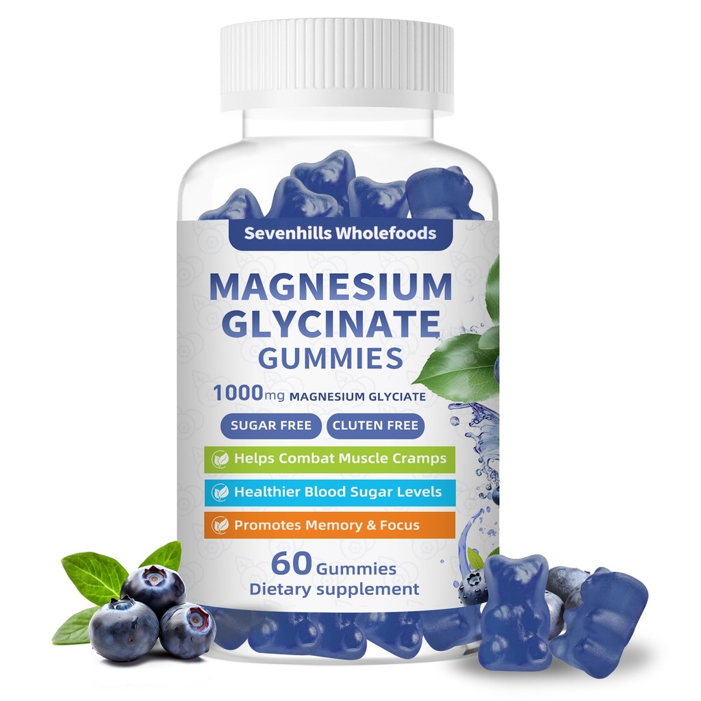 Magnesium Glycinate Gummies 1000mg - Sugar Free Magnesium Potassium Supplement for Relaxation, Calm, Stress Relief, and Sleep Support for Adults & Kids - 60 Blueberry Gummies