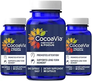 Supplément cerveau CocoaVia Memory & Focus, 90 jours, mélange de cacao flavanol, lutéine, caféine ajoutée pour boost. Améliorer la fonction cognitive, attention, végétalien et à base de plantes, 90 capsules