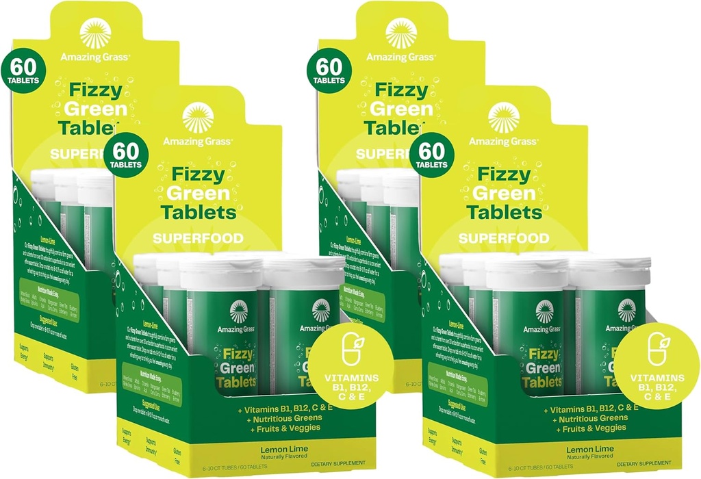 Comprimés vert étourdissants de graminées Superfood Citron Lime: Comprimé d'arôme d'eau vert superfood avec des antioxydants et des verts alcalins, 60 comtes (paquet de mai Vary) (paquet de 4)