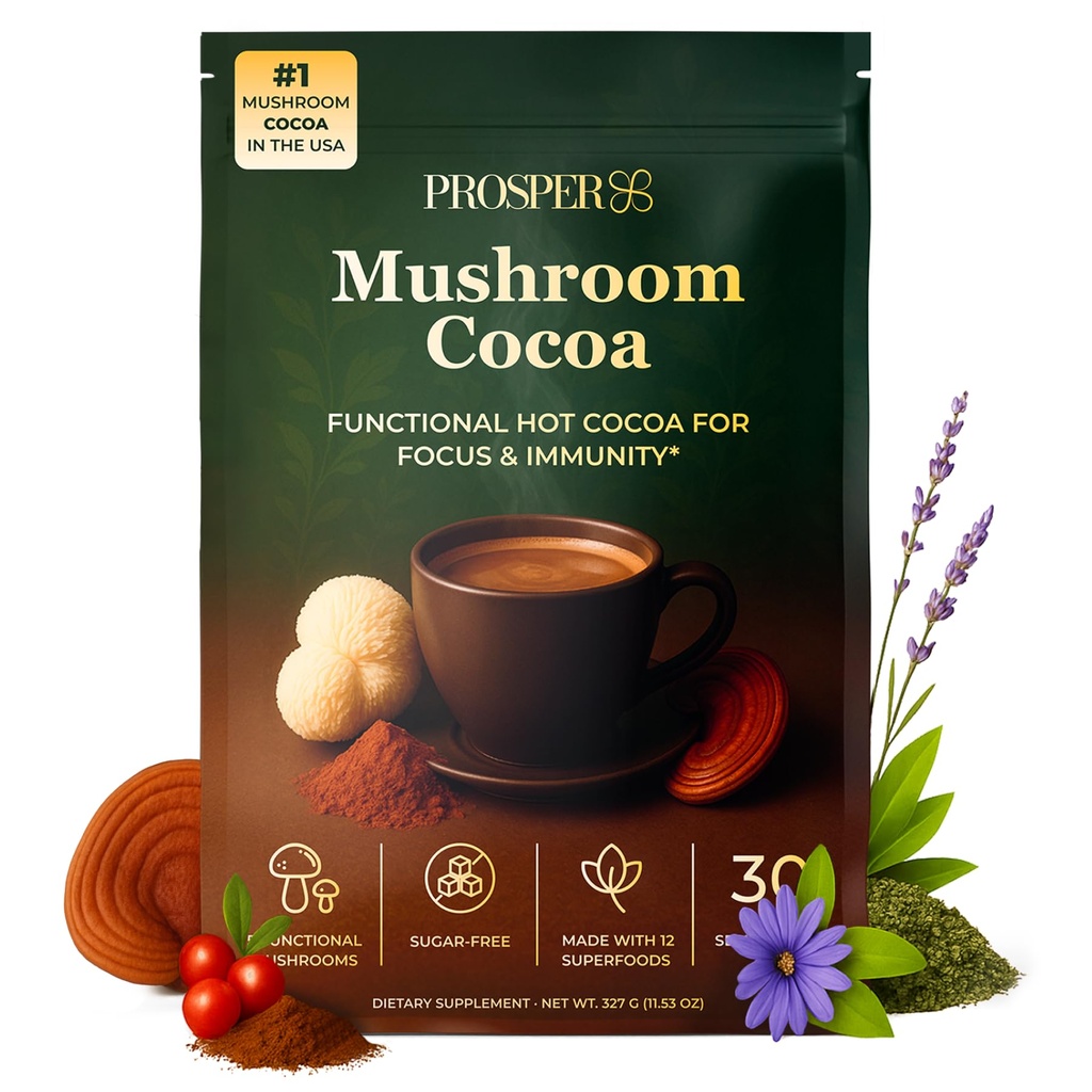 Mushroom Cocoa - Functional Hot Cocoa for Focus & Immunity (Lion's Mane, Cordyceps, Chaga, Reishi, Turkey Tail) & Ashwagandha - Energy, Gut & Stress Support - Coffee Alternative & Hot Chocolate 30 Servings