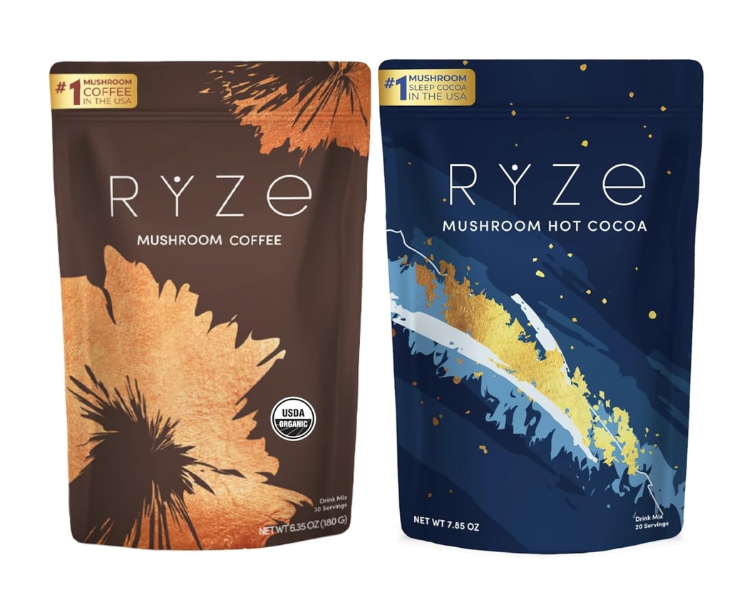 RYZE SUPERFOODS Day + Night Bundle with Mushroom Coffee and RYZE Hot Cocoa, USDA Organic Mushroom Coffee with 6 Adaptogenic Mushrooms & MCT Oil, Hot Cocoa Keto Sleep Aid with Melatonin, 30+20 s
