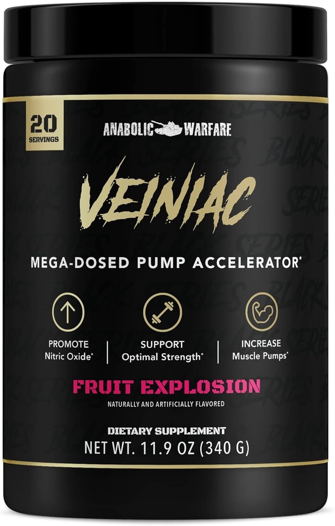 Anabolic Warfare Veiniac Muscle Pump Activator Supplement Stimulant Free Pre-Workout with L-Citrulline, Betaine Anhydrous, & Added AGMass™, Increases Nitric Oxide*, Fruit Punch 20 Servings