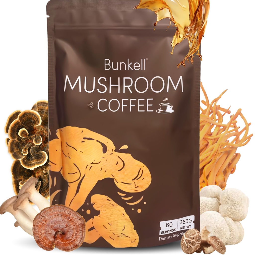 Bunkell Mushroom Coffee, Instant Coffee Blend with 6 Adaptogenic Mushrooms (Lion's Mane, Reishi, Cordyceps, Shiitake, King Trumpet & Turkey Tail) for Energy, Digestion & Immune Support, 30 Servings