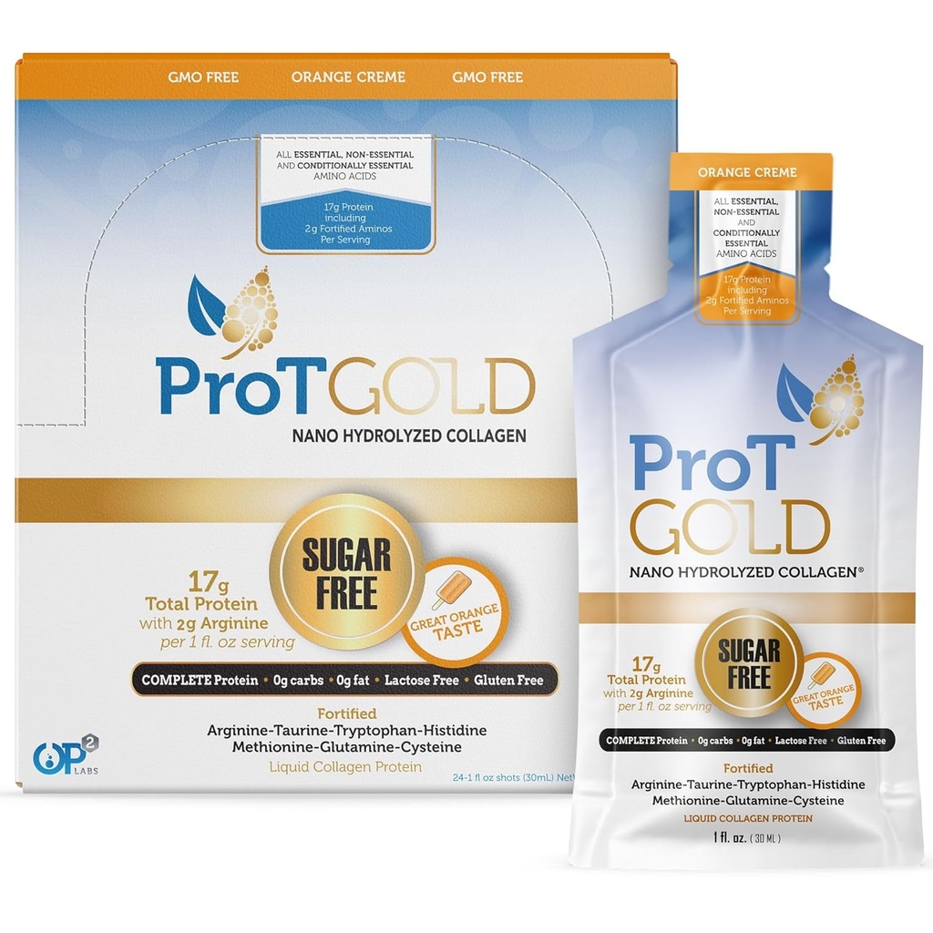 ProT Gold Collagen Protéines de collagène liquide, 17g Protéines claires Nano-Hydrolyzed Grass Collegen, 2g Arginine pour le soutien des plaies, sans gluten, sans sucre, 0g Carbes, crème orange, 1 fl oz, 24 Pack