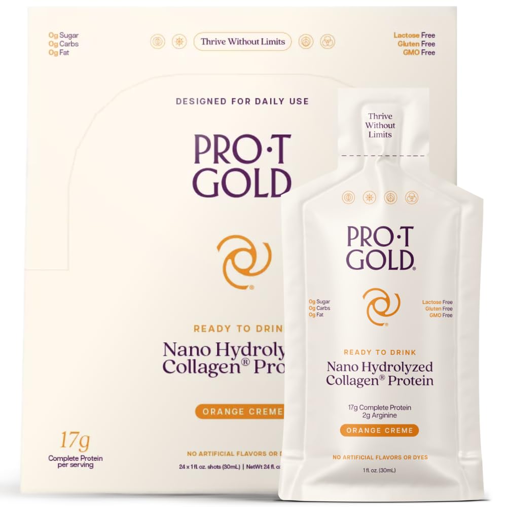 ProT Gold Liquid Collagen Protein Shot, Support for Hair, Nails and Skin, 17g, Nano Hydrolyzed & Grass Fed, with Amino Acids, Gluten Free, Sugar Free, Orange Creme, 1 FL OZ, 24 Pack