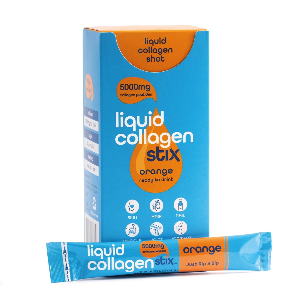 Hydrolyzed Liquid Collagen Peptides for Women & Men - Grass-Fed Bovine Protein Supplement for Hair Growth, Skin and Nails (Pack of 14, Orange)