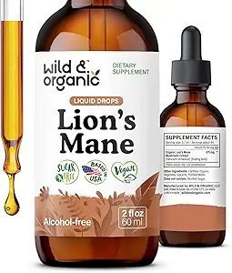 Wild & Organic Lions Mane gouttes liquides - Focus & Cerveau Support - Lions Mane Supplément - Hericium Erinaceus Extrait de champignons Teinture - végétalien, alcool et sans sucre - 2 fl oz