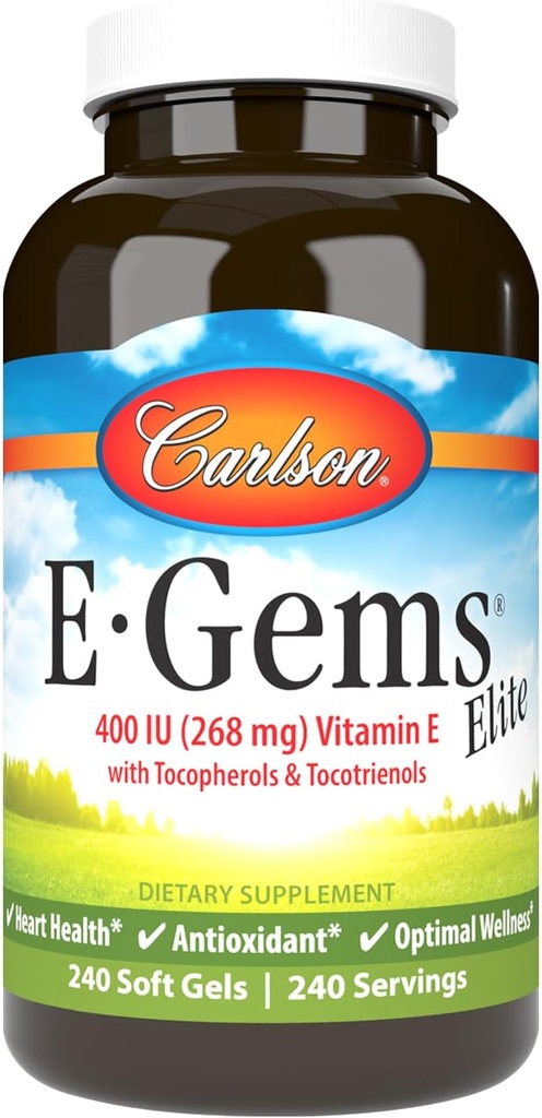 Carlson - E-Gems Elite, 400 UI de vitamine E avec des tocophérols et des tocotriénols, capsules de vitamine E, santé cardiaque et bien-être optimal, antioxydant, supplément de vitamine E, 240 softgels