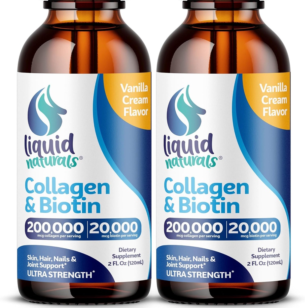 Collagène liquide et biotine, 2 Fl. Oz, Suppléments de collagène ultra-strength pour les femmes, Biotine Keto amicale pour les femmes de croissance de cheveux, les ongles et les vitamines de peau B7 Collagèneno Peptides – Vanilla Flavor - 2 Pack