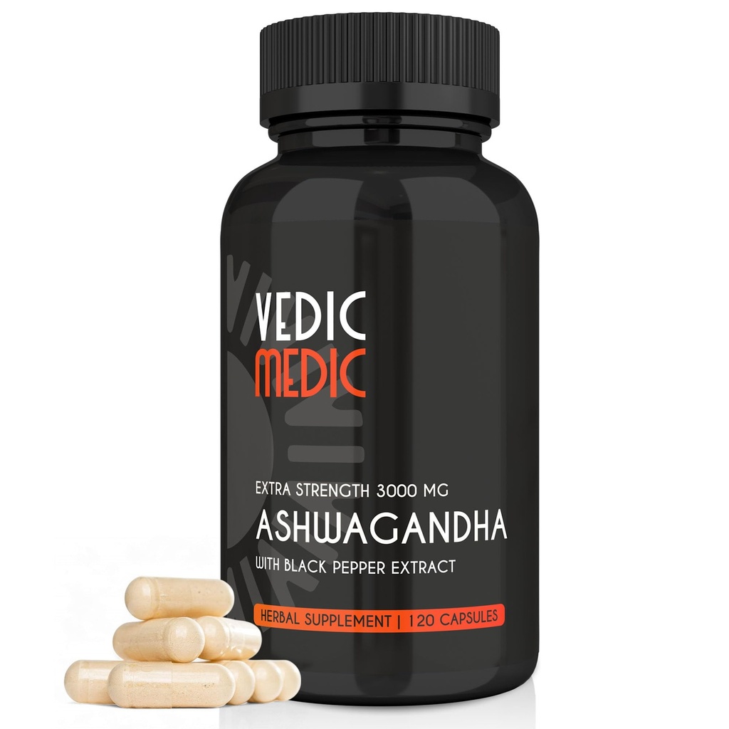 Capsules bio Ashwagandha Extra Strength 3000mg avec extrait de poivre noir - Stress Relief, Mood Enhancer, Support énergétique - Non-OGM, Vegan, Sans gluten (120)