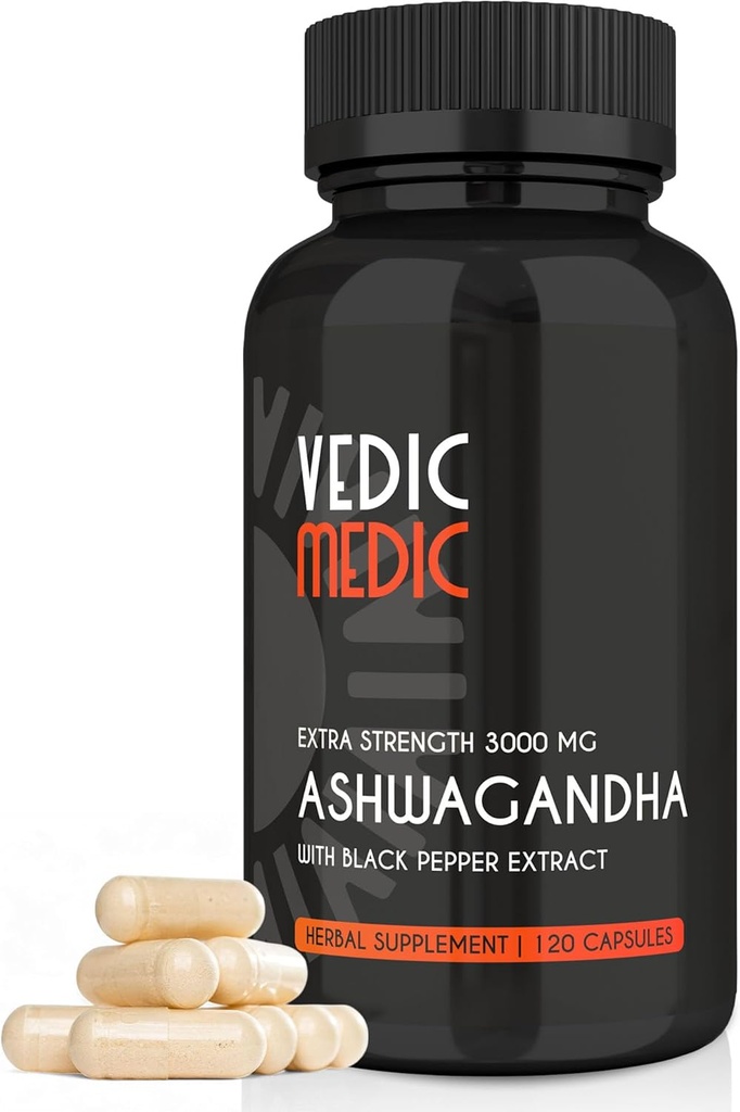 Capsules bio Ashwagandha Extra Strength 3000mg avec extrait de poivre noir - Stress Relief, Mood Enhancer, Support énergétique - Non-OGM, Vegan, Sans gluten (120)