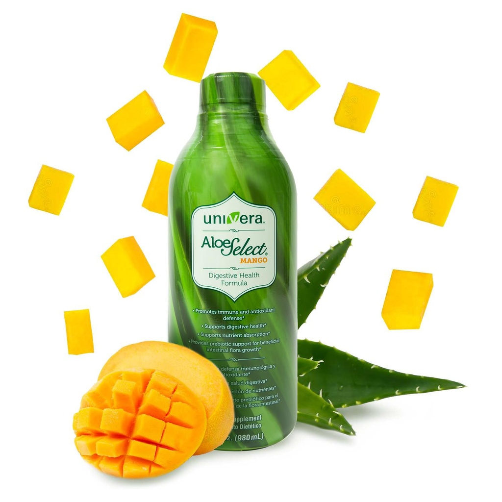 Univera Aloe Vera Juice, Preminum Organic Aloe Vera, Enzymes digestifs pour la santé des Guts, Soutien immunitaire, Supplément prébiotique, Réduit l'inflammation, Mango Flavor, 30 jours d'approvisionnement (33 fl oz)