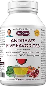 ANDREW LESSMAN Andrew's Five Favorites 60 Capsules - Fournit 200mg chacune de Coenzyme Q-10, Resveratrol, EGCG, grenade et acide alpha lipoïque, puissant anti-oxydant, aucun additif