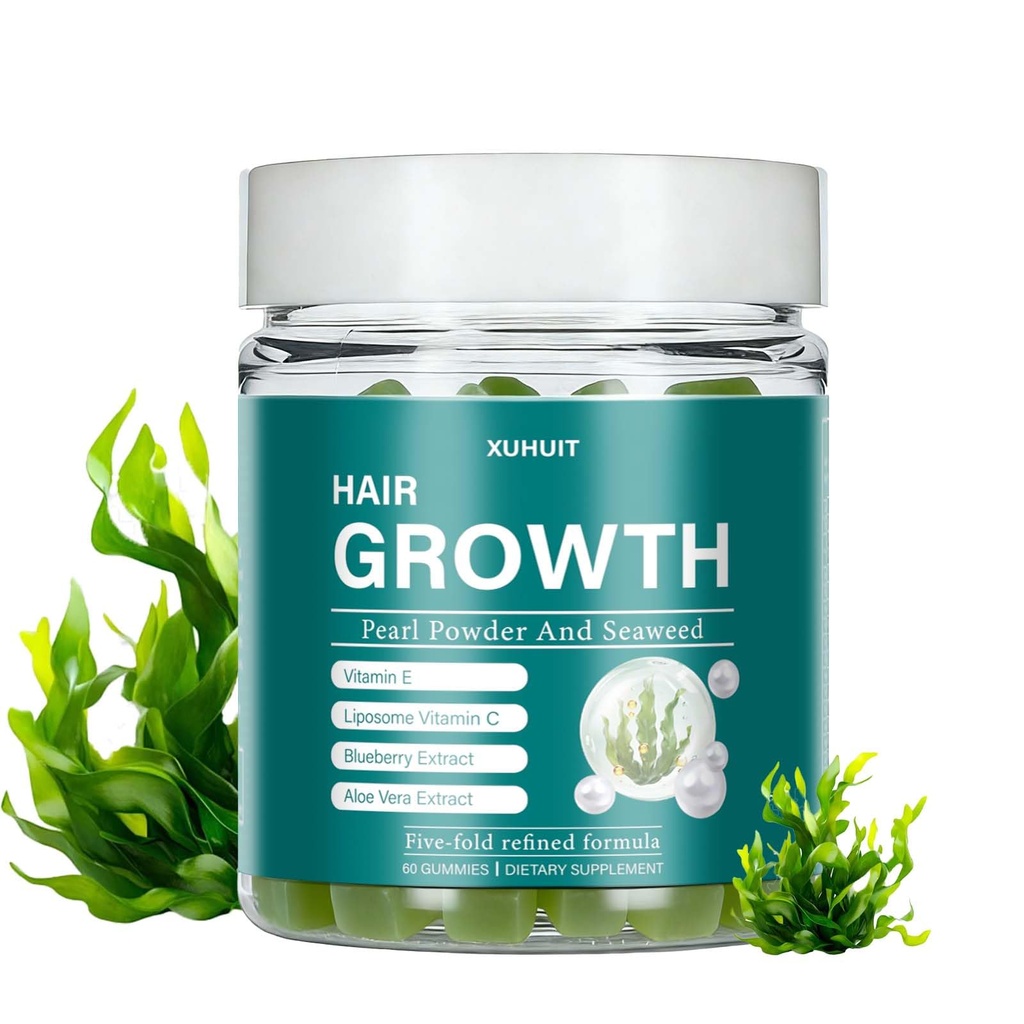 Hair Revive Gummies with Sea Moss & Pearl Powder - Supports Hair Growth, Skin Glow & Nail Strength for Women & Men - with Vitamins C, E & Aloe Vera, 60 Count (1)