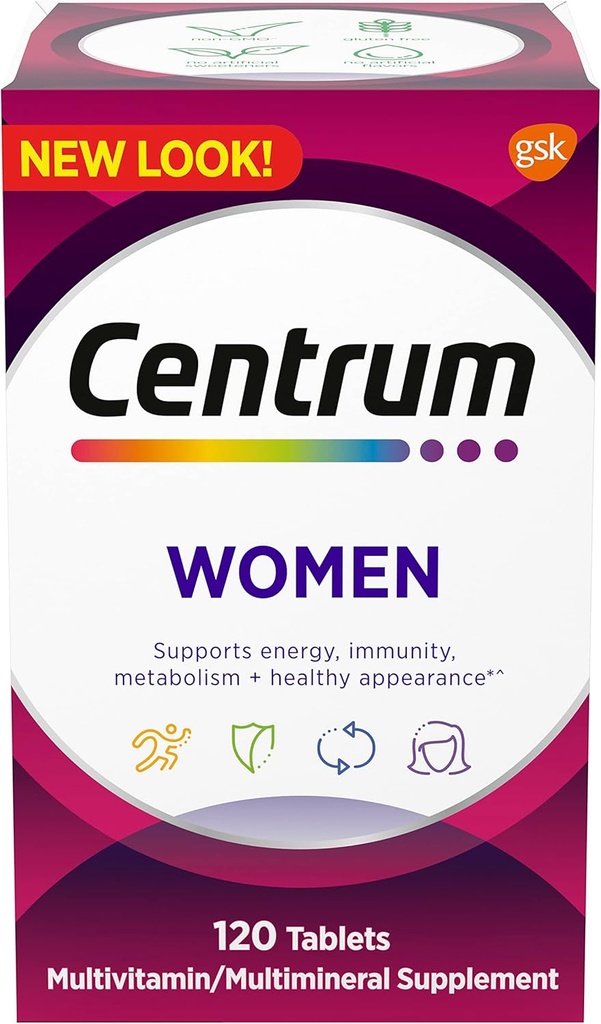 Multivitamine centrum pour femmes, supplément multivitamine/multiminérale avec fer, vitamine D3, vitamine B et vitamines antioxydantes C et E, sans gluten, ingrédients non OGM - 120 Nombre