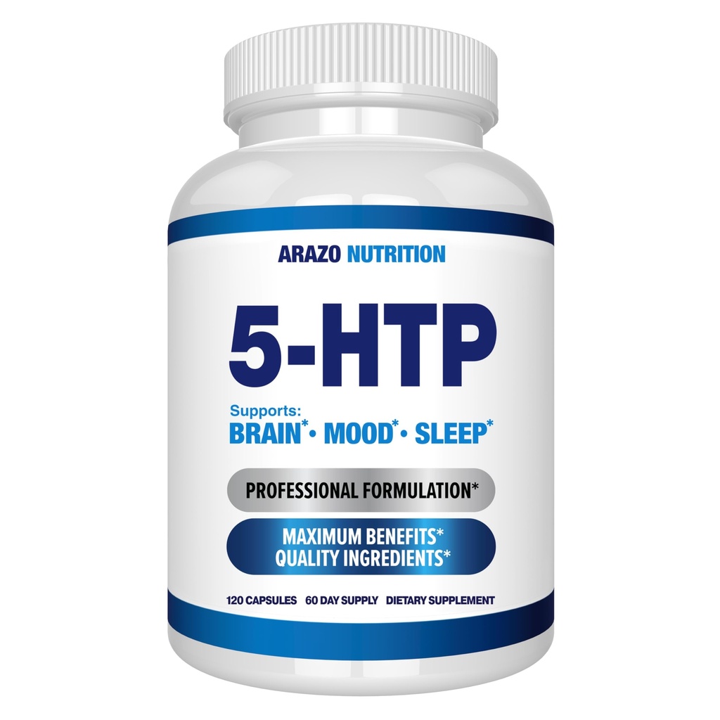 5-HTP 200 MG par Serving Plus Calcium pour l'humeur, le sommeil – Soutient l'humeur calme et relaxante – 99% haute pureté – 120 capsules – Arazo Nutrition