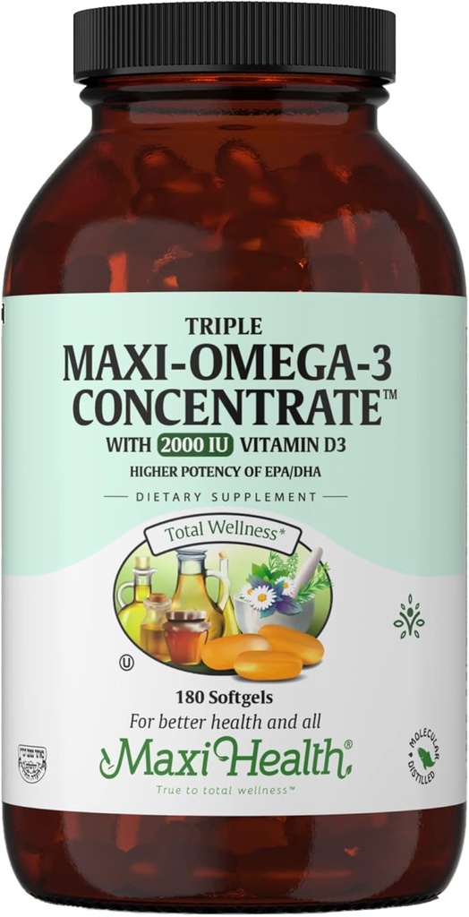 Supplément Omega 3 - Huile de poisson Omega-3 triple concentré avec la vitamine D3 - Source potentielle d'acides gras EPA/DHA - Coeur, cerveau, santé articulaire - Poissons marins capturés sauvagement certifiés Kosher - 180 Softgels