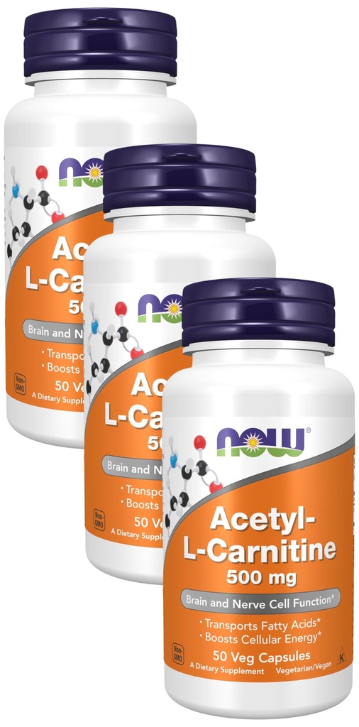 Suppléments MAINTENANT, acétyl-L Carnitine 500 mg, acide amino, fonction des cellules cérébrales et nerveuses*, 50 gélules (paquet de 3)