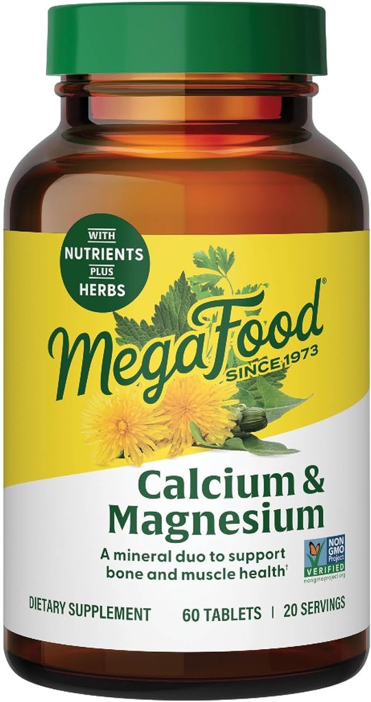 Supplément au calcium MegaFood - Soutien à la santé osseuse et cardiaque - Suppléments au calcium Magnésium pour les femmes et les hommes - Non-OGM - 60 comprimés (20 portions)
