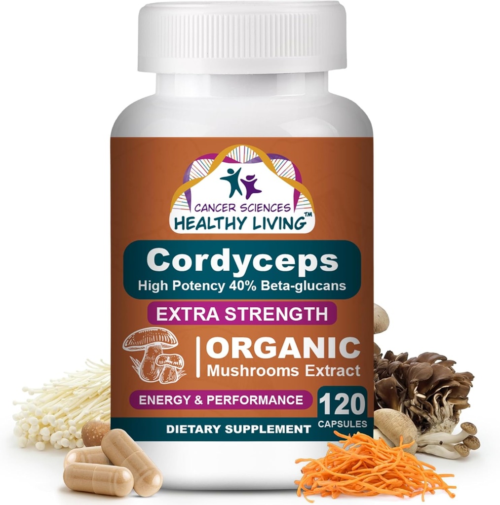 Cancer Sciences Cordyceps Mushroom Supplement Capsules - 1,500mg Organic Mushroom Complex for Wellness, High Potency 40% Beta-Glucans, Immune Support Supplement for Energy & Stamina Booster, 120 Count