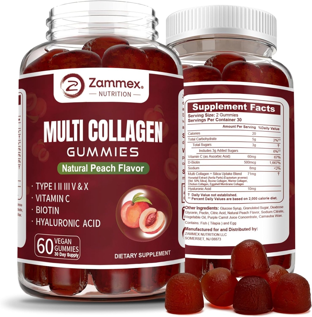 Zammex Multi Collagen Peptides Gummies (Type 1, 2, 3, 5 & 10), 30 Servings, Anti-Aging Collagen Gummy Supplements for Women&Men with Biotin Vitamin C, Hyaluronic Acid, Peach Flavor