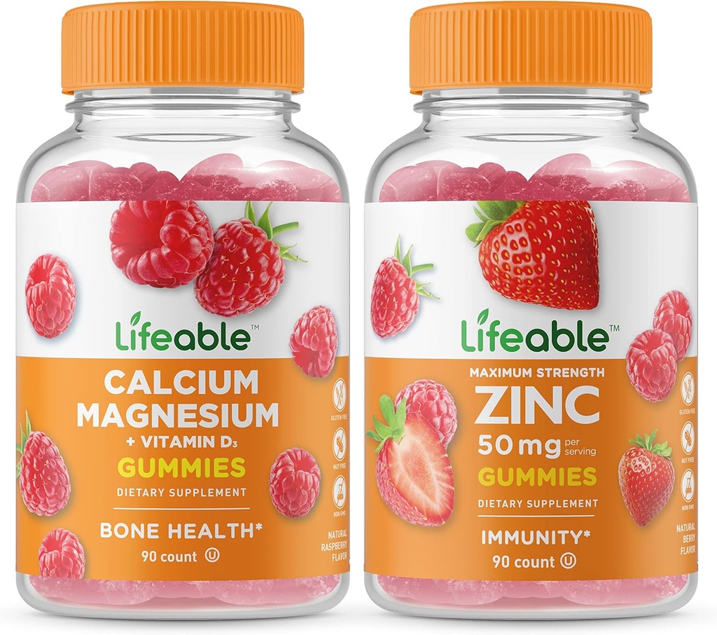 Calcium Lifeable Magnésium + Zinc 50mg, Gummies Bundle - Grande dégustation, supplément de vitamine, sans gluten, sans OGM, à mâcher
